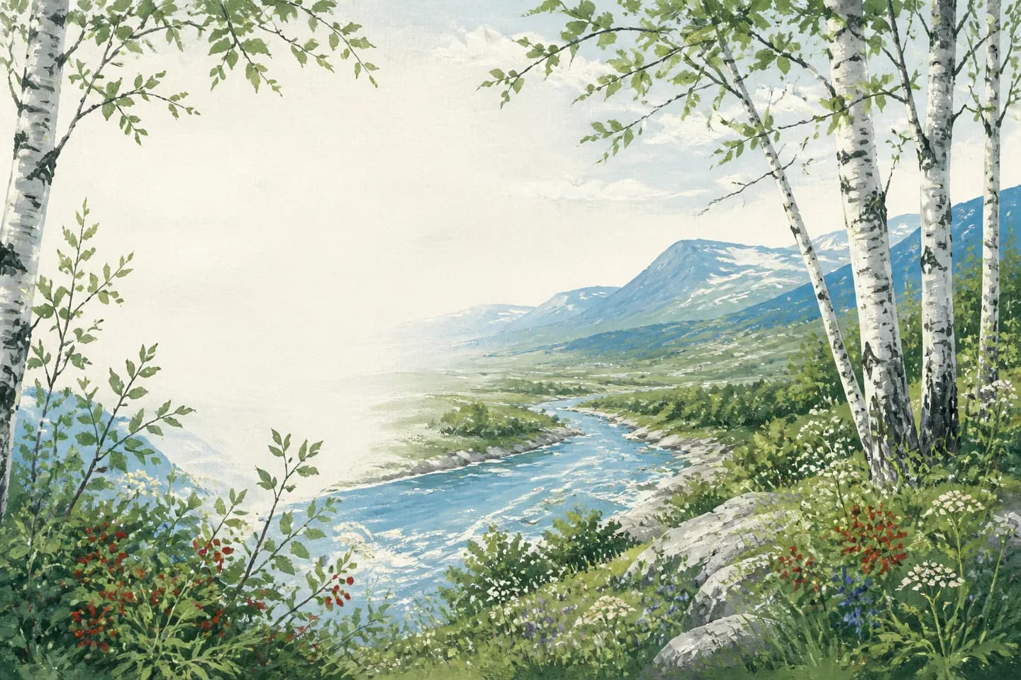 Malt norsk fjellandskap med bjørkeskog